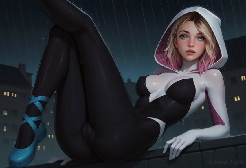 Image 1girls,female,blue_eyes,ass,disney,multicolored_hair,ai_generated,blonde_hair,wet,cameltoe,nipples_visible_through_clothing,marvel,marvel_comics,spider-man_(series),suit,gwen_stacy,spider-gwen,gwen_stacy_(spider-verse),spider-man:_across_the_spider-verse,angel_light,angel_light_(artist)
