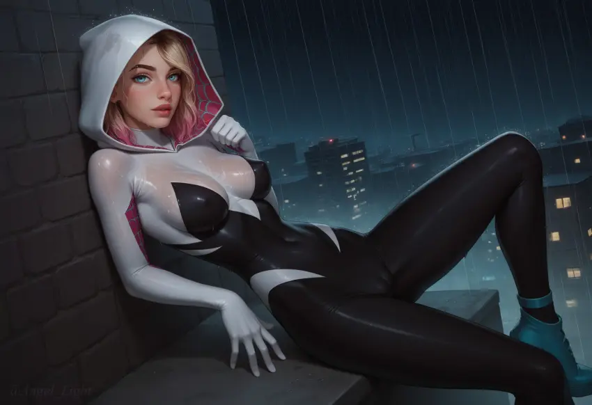 Image 1girls,female,blue_eyes,ass,disney,multicolored_hair,ai_generated,blonde_hair,wet,cameltoe,nipples_visible_through_clothing,marvel,marvel_comics,spider-man_(series),suit,gwen_stacy,spider-gwen,gwen_stacy_(spider-verse),spider-man:_across_the_spider-verse,angel_light,angel_light_(artist)