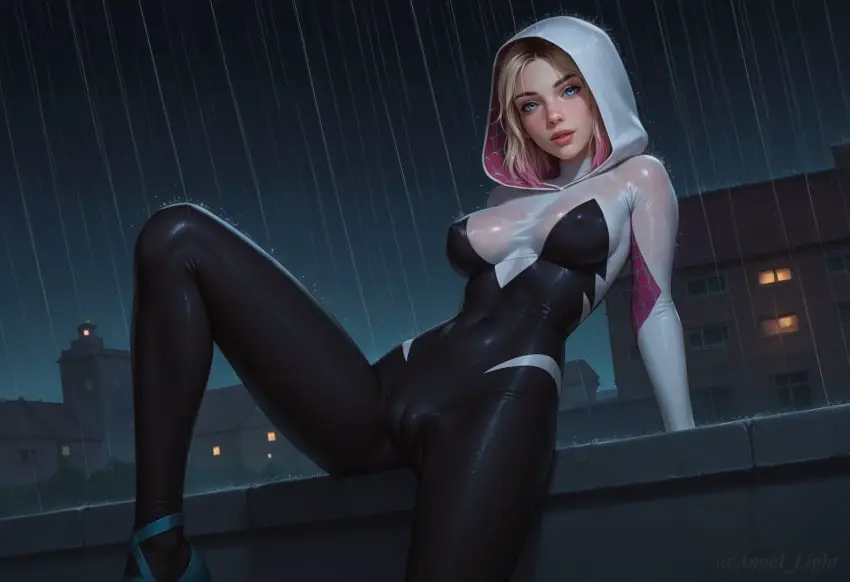 Image 1girls,female,blue_eyes,ass,disney,multicolored_hair,ai_generated,blonde_hair,wet,cameltoe,nipples_visible_through_clothing,marvel,marvel_comics,spider-man_(series),suit,gwen_stacy,spider-gwen,gwen_stacy_(spider-verse),spider-man:_across_the_spider-verse,angel_light,angel_light_(artist)