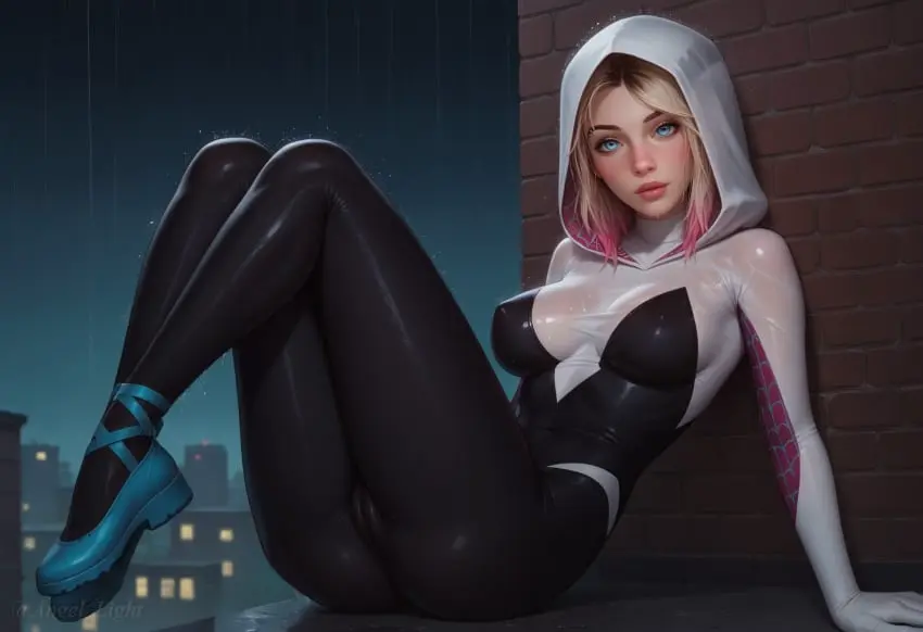 Image 1girls,female,blue_eyes,ass,disney,multicolored_hair,ai_generated,blonde_hair,wet,cameltoe,nipples_visible_through_clothing,marvel,marvel_comics,spider-man_(series),suit,gwen_stacy,spider-gwen,gwen_stacy_(spider-verse),spider-man:_across_the_spider-verse,angel_light,angel_light_(artist)