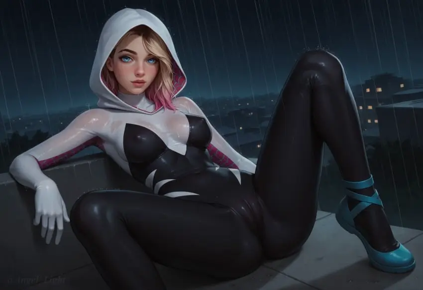 Image 1girls,female,blue_eyes,ass,disney,multicolored_hair,ai_generated,blonde_hair,wet,cameltoe,nipples_visible_through_clothing,marvel,marvel_comics,spider-man_(series),suit,gwen_stacy,spider-gwen,gwen_stacy_(spider-verse),spider-man:_across_the_spider-verse,angel_light,angel_light_(artist)