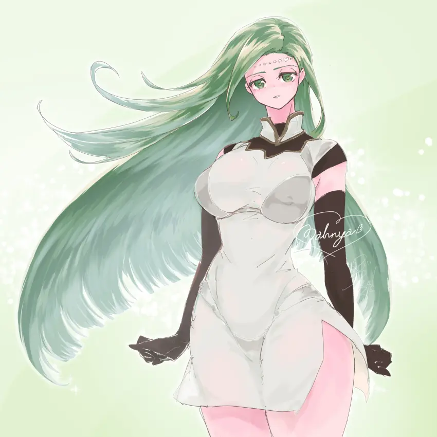 Image 1girls,breasts,female,female_only,large_breasts,long_hair,looking_at_viewer,smile,solo,very_long_hair,elbow_gloves,gloves,thick_thighs,thighs,bare_thighs,covered_nipples,green_eyes,dress,nintendo,green_hair,alternate_costume,fire_emblem,green_background,fire_emblem:_genealogy_of_the_holy_war,annand_(fire_emblem),ta_dasu_(tadasu_hayashi)