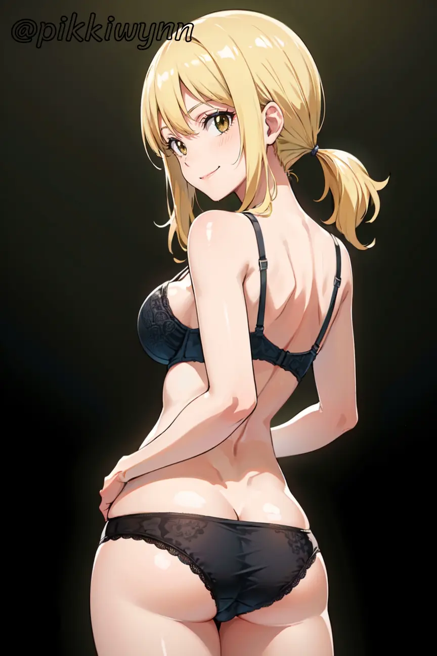 Image blush,breasts,cowboy_shot,female,large_breasts,looking_at_viewer,simple_background,smile,solo,standing,bangs,sidelocks,yellow_eyes,bra,panties,underwear,ass,looking_back,thighs,gradient,ai_generated,bare_shoulders,from_behind,black_background,gradient_background,blonde_hair,medium_breasts,back,hand_on_hip,black_panties,skindentation,underwear_only,twintails,closed_mouth,lace_trim,bare_arms,butt_crack,dimples_of_venus,black_bra,fairy_tail,lace-trimmed_panties,lucy_heartfilia,pikkiwynn