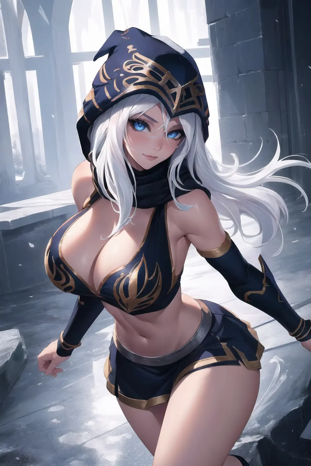 Image big_breasts,breasts,female,white_hair,thick_thighs,ai_generated,miniskirt,league_of_legends,cixf,ashe_(league_of_legends)