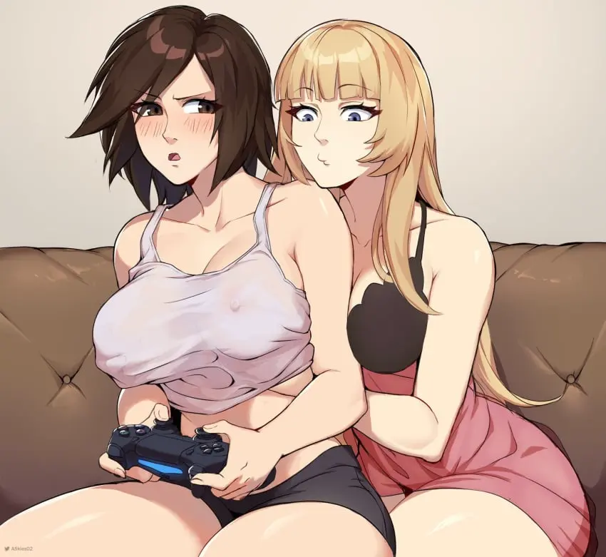 Image blush,breasts,brown_eyes,female,female_only,highres,large_breasts,long_hair,nipples,open_mouth,2girls,blunt_bangs,multiple_girls,navel,short_hair,female_focus,bare_shoulders,cleavage,blonde_hair,gaming,brown_hair,grabbing,grabbing_another's_breast,grabbing_from_behind,yuri,holding,nipple_stimulation,nipple_tweak,groping,molestation,tomboy,tank_top,one_breast_out,namco,tekken,controller,game_controller,holding_controller,emilie_de_rochefort,kazama_asuka,holding_game_controller,hand_under_clothes,playstation_controller,allen_skies,allen_skies02,gamepad