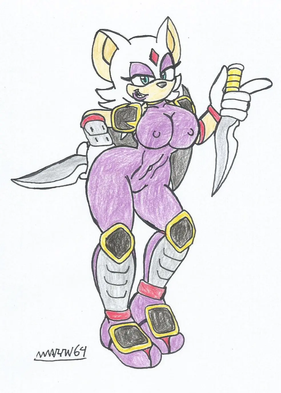Image 1girls,big_breasts,breasts,female,looking_at_viewer,white_background,white_hair,furry,smiling_at_viewer,wings,eyeshadow,bodysuit,sonic_(series),big_hips,ninja,weapon,kunoichi,purple_lipstick,winged_humanoid,rouge_the_bat,beige_fur,purple_eyeshadow,traditional_drawing_(artwork),beige_skin,marlon64,traditional_drawing,ninja_girl,daggers