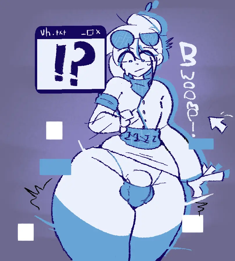 Image solo,white_hair,1boy,male,penis,panties,bottom_heavy,thick_thighs,wide_hips,femboy,male_only,balls,glasses,text,original,bulge,flaccid,surprised,expansion,white_body,text_box,glasses_on_head,labcoat,ass_expansion,png,thigh_expansion,hip_expansion,digital,poodleskapoodle,vivi_virus