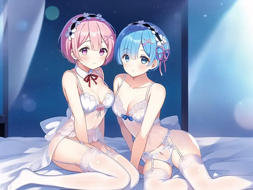 Image female,red_eyes,blue_eyes,blue_hair,ass,ai_generated,lingerie,pink_hair,re:zero_kara_hajimeru_isekai_seikatsu,rem_(re:zero),ram_(re:zero)