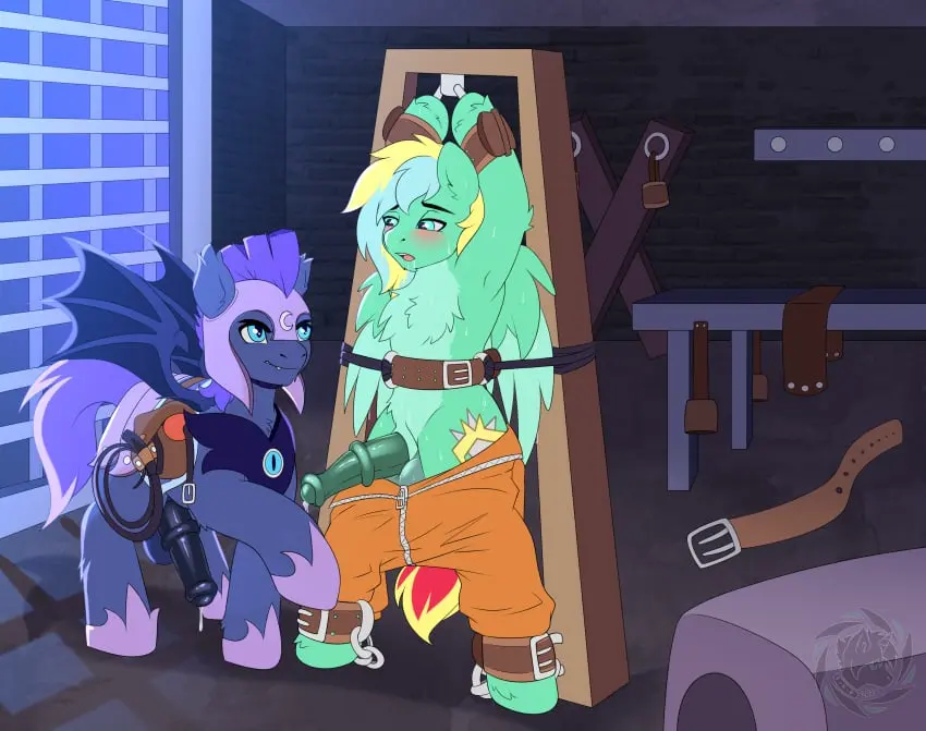 Image clothing,hi_res,male,penis,tail,duo,male/male,digital_media_(artwork),wings,mythology,absurd_res,genitals,mammal,bondage,friendship_is_magic,hasbro,my_little_pony,mythological_creature,feral,fan_character,cutie_mark,equid,equine,pegasus,bat_pony,mythological_equine,prison,prisoner,royal_guard_(mlp),fkk