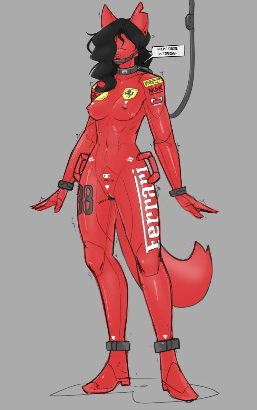 Image clothing,female,hi_res,simple_background,solo,black_hair,pussy,tail,hair,anthro,absurd_res,canid,canine,canis,genitals,mammal,latex,latex_clothing,bodysuit,nipple_outline,drone,dronesuit,handle_bar,lucia_martina,veebutspicy