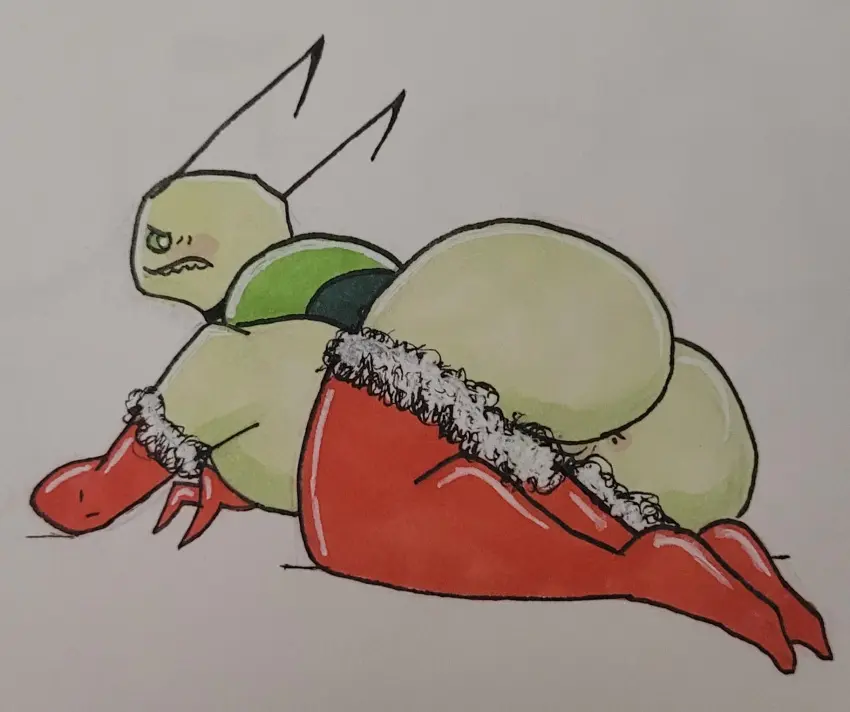 Image 2023,1boy,male,big_butt,looking_back,femboy,color,2d,green_eyes,stockings,1femboy,christmas,2d_artwork,armwear,nervous,alien,alien_humanoid,traditional_art,alien_boy,antennae_(anatomy),nervous_expression,invader_zim,antennae,alien_only,irken,red_armwear,long_stockings,red_stockings,baddiewalterwhite,tallest_spork,unused_character