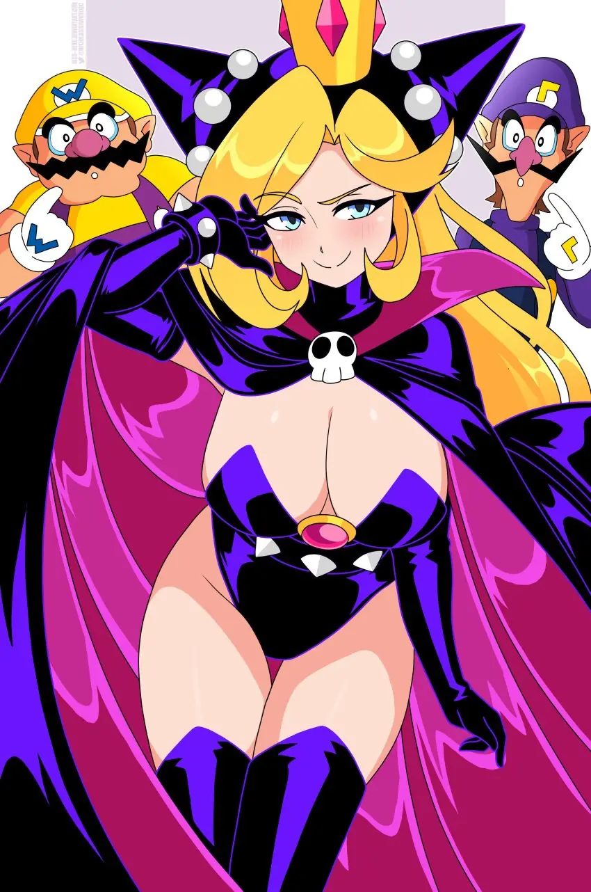 Image 1girls,big_breasts,breasts,female,light-skinned_female,light_skin,smile,bangs,blue_eyes,gloves,male,thighhighs,thick_thighs,thighs,voluptuous,wide_hips,2boys,artist_name,cleavage,blonde_hair,busty,mario_(series),nintendo,collar,cape,leotard,spikes,skull,crown,moustache,mario_tennis,wapeach,nicolasgravelqc,black_outfit,waluigi,wario