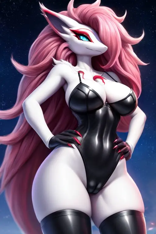 Image 1girls,big_breasts,breasts,female,female_only,smile,pokemon,pokemon_(species),thighhighs,bedroom_eyes,thick_thighs,milf,ai_generated,cleavage,anthro,nintendo,cameltoe,night,low-angle_view,latex,big_thighs,white_body,stars,big_hips,dominant_female,pokémon_(species),white_fur,cyan_eyes,black_clothing,night_sky,starry_sky,latex_legwear,zoroark,confident,hands_on_hips,hisuian_zoroark,latex_leotard