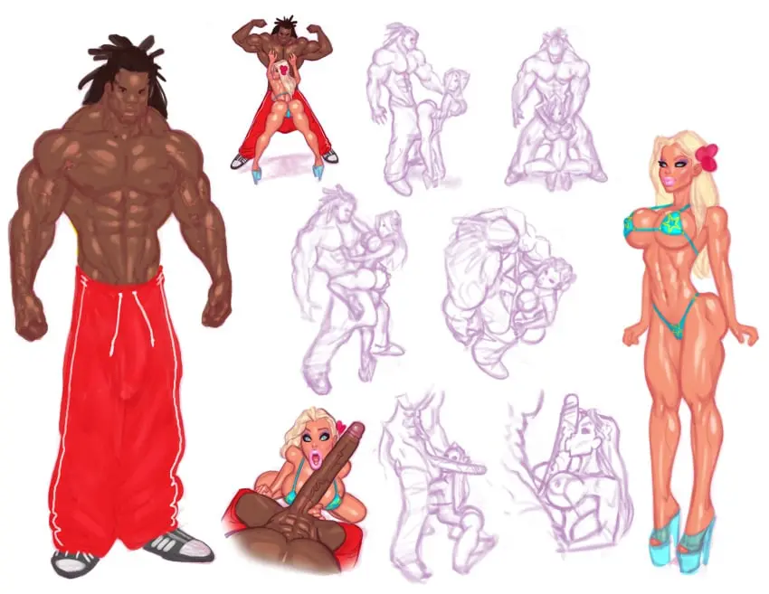 Image 1girls,female,1boy,male,penis,bikini,dark-skinned_male,dark_skin,interracial,huge_cock,blonde_hair,bimbo,platform_heels,erect_penis,cock_shock,sweatpants,theofficialpit