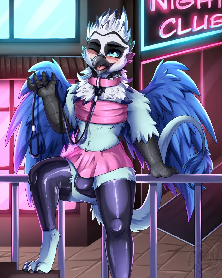 Image clothing,hi_res,open_mouth,smile,solo,male,femboy,wings,anthro,mythology,stockings,absurd_res,european_mythology,greek_mythology,collar,skirt,latex,latex_clothing,legwear,avian,friendship_is_magic,hasbro,my_little_pony,mythological_creature,fan_character,bottomwear,latex_legwear,latex_stockings,mythological_avian,hippogriff,fkk
