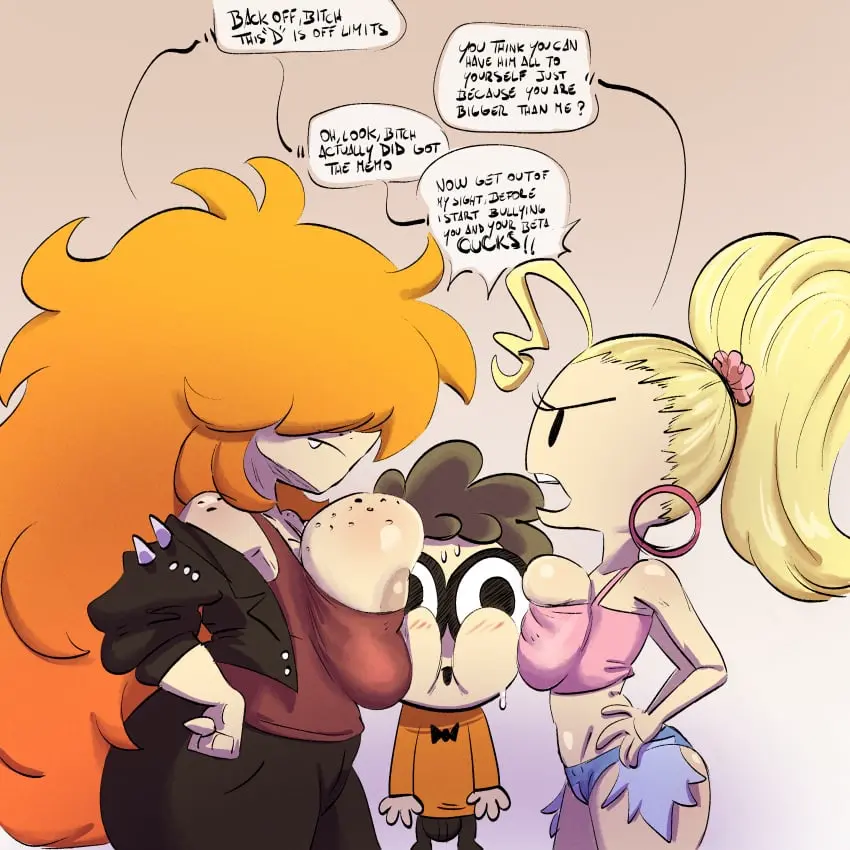 Image big_breasts,breasts,clothed,clothing,female,light-skinned_female,light_skin,long_hair,no_bra,1boy,2girls,male,thick_thighs,ponytail,freckles,orange_hair,glasses,huge_breasts,light-skinned_male,blonde_hair,brown_hair,dialogue,english_text,smaller_male,speech_bubble,freckles_on_breasts,between_breasts,freckles_on_shoulders,pokachu_(artist),nerd_(nerd_and_jock),nerd_and_jock_(webcomic),queen_(nerd_and_jock),tiger_(nerd_and_jock),partially_visible_areolae,short_jeans