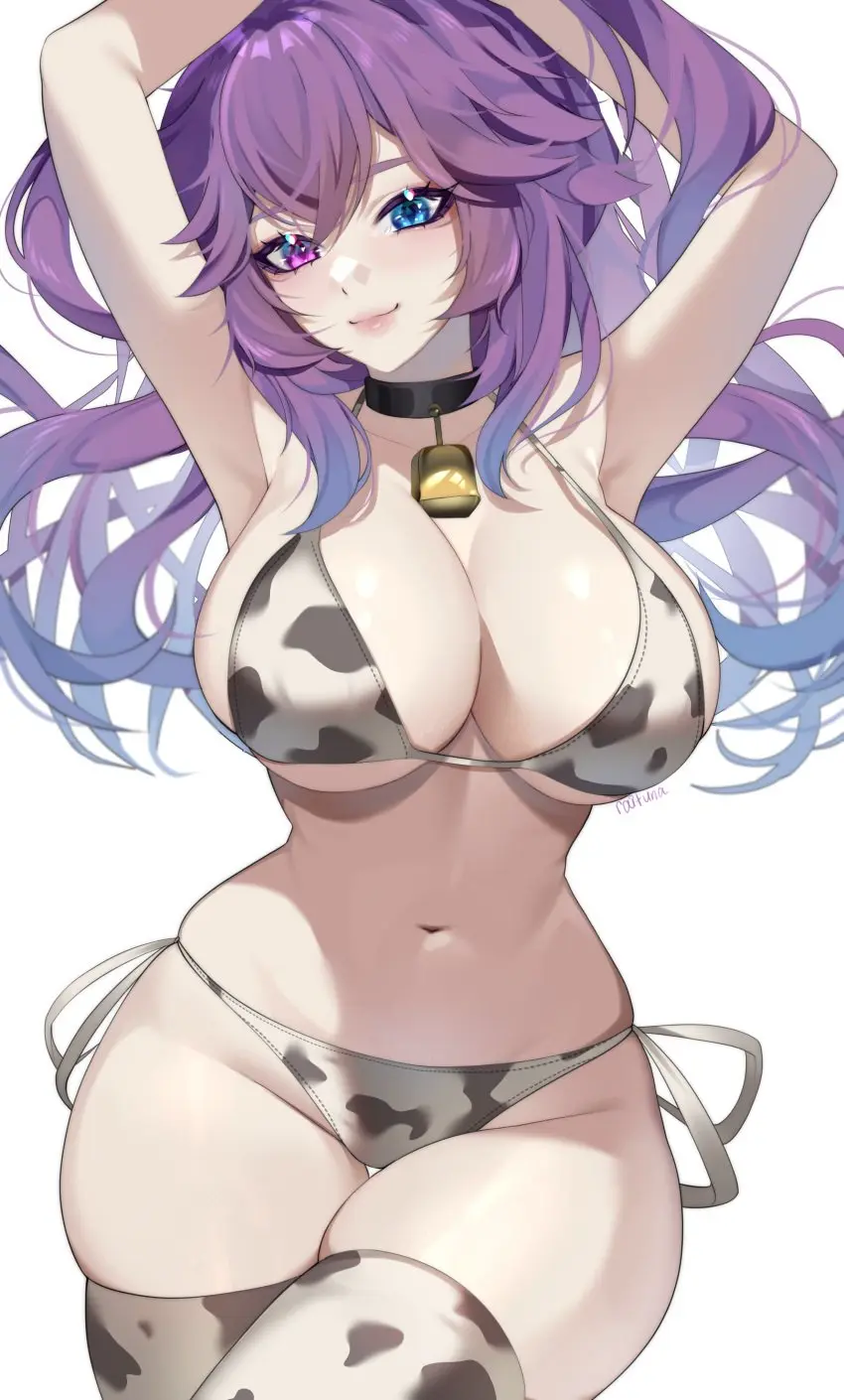 Image 1girls,breasts,clothing,female,female_only,large_breasts,solo,white_background,blue_eyes,thighhighs,multicolored_hair,virtual_youtuber,arms_up,pink_eyes,stockings,cow_print,collar,artist_signature,revealing_clothes,heterochromia,cow_print_bikini,fully_clothed,cottontail_(vtuber),indie_virtual_youtuber,cow_print_thighhighs,cowprint,raituna