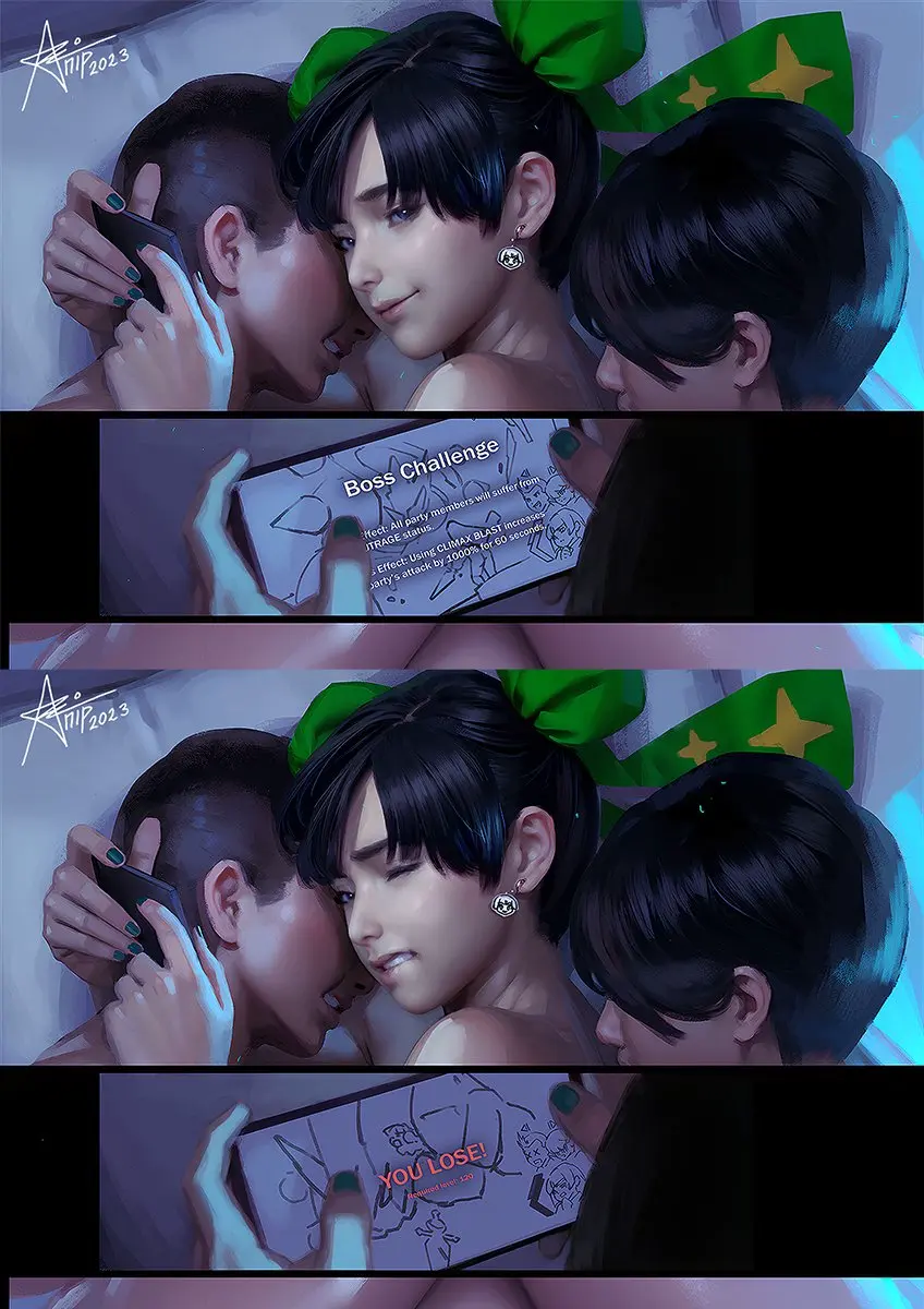 Image 1girls,female,looking_at_viewer,smile,black_hair,blue_eyes,male,threesome,pleasure_face,2boys,original,oc,hair_bun,phone,imminent_sex,imminent_double_penetration,artnip
