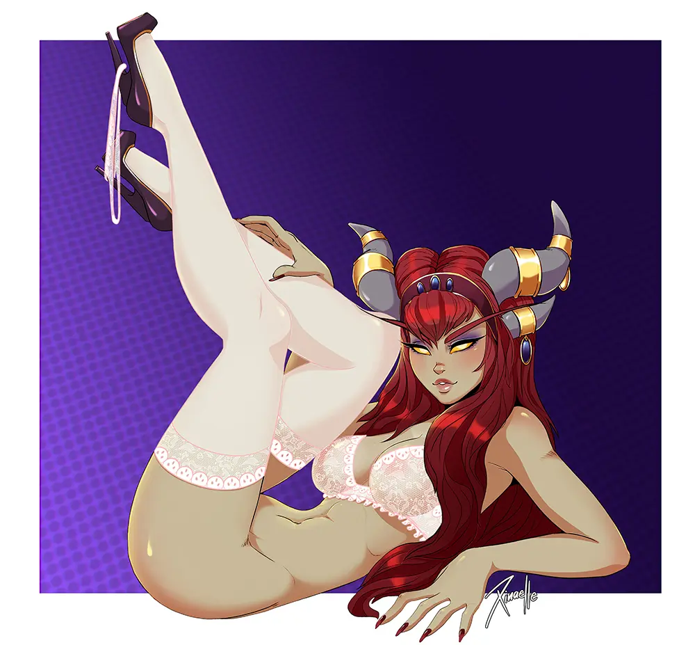 Image 1girls,female,light-skinned_female,light_skin,solo,red_hair,athletic,lingerie,stockings,warcraft,world_of_warcraft,high_heels,bottomless,athletic_female,blizzard_entertainment,alexstrasza,xinaelle
