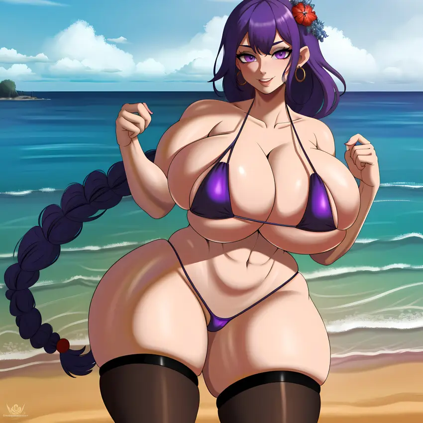 Image breasts,female,long_hair,looking_at_viewer,open_mouth,smile,bikini,earrings,seductive,seductive_eyes,seductive_look,seductive_smile,thick_thighs,thighs,white_skin,beach,smiling,smiling_at_viewer,flower_in_hair,ai_generated,eyelashes,gigantic_breasts,stable_diffusion,absurd_res,purple_eyes,genshin_impact,purple_hair,braid,fit,fit_female,micro_bikini,flower,thong,raiden_shogun,mihoyo,hands_up,hoyoverse,purple_bikini,black_thighhighs,upper_teeth_only,seaside,long_eyelashes,long_braid,purple_thong,bluecatrip,tight_bikini
