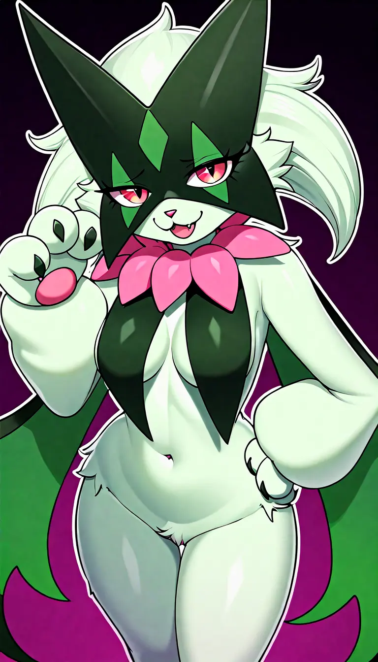 Image breasts,female,looking_at_viewer,smile,nude,pokemon,pokemon_(species),wide_hips,hips,ai_generated,cleavage,hair,anthro,medium_breasts,pink_eyes,grey_body,:3,feline,pokémon_(species),boob_window,game_freak,meowscarada,green,inner_sideboob