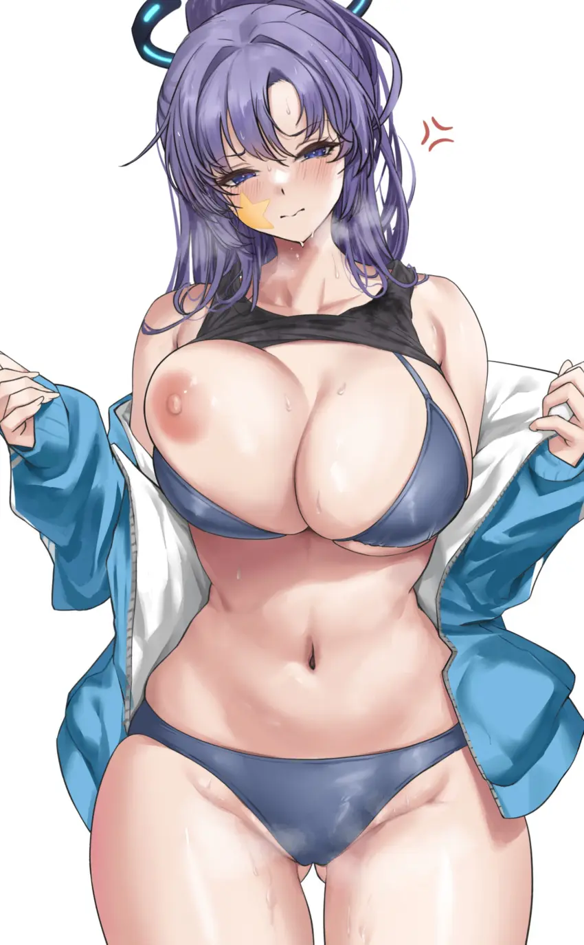 Image breasts,cowboy_shot,female,highres,large_breasts,looking_at_viewer,nipples,open_clothes,simple_background,solo,white_background,absurdres,navel,sweat,blue_archive,bikini,collarbone,swimsuit,halo,purple_eyes,purple_hair,string_bikini,jacket,clothes_lift,shirt_lift,star_sticker,sticker_on_face,stomach,blue_bikini,steam,angry,breath,anger_vein,tank_top,one_breast_out,star_(symbol),open_jacket,yuuka_(blue_archive),millennium_science_school_student,groin,unamused,gluteal_fold,frustrated,seminar_(blue_archive),black_tank_top,sweaty_thighs,track_jacket,blue_jacket,yuuka_(track)_(blue_archive),duchessofarmeria