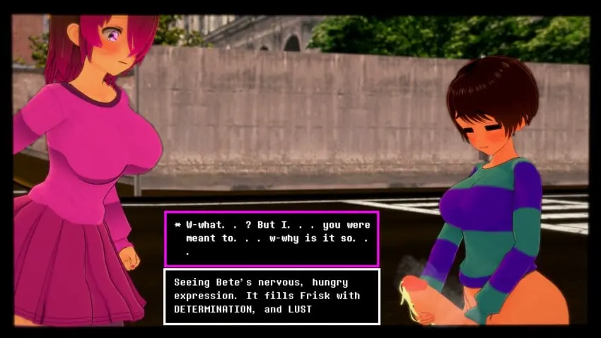 Image big_breasts,breasts,female,penis,huge_cock,pink_hair,pink_eyes,brown_hair,skirt,undertale_(series),red_skirt,frisk,bete_noire,betty_noire,glitchtale