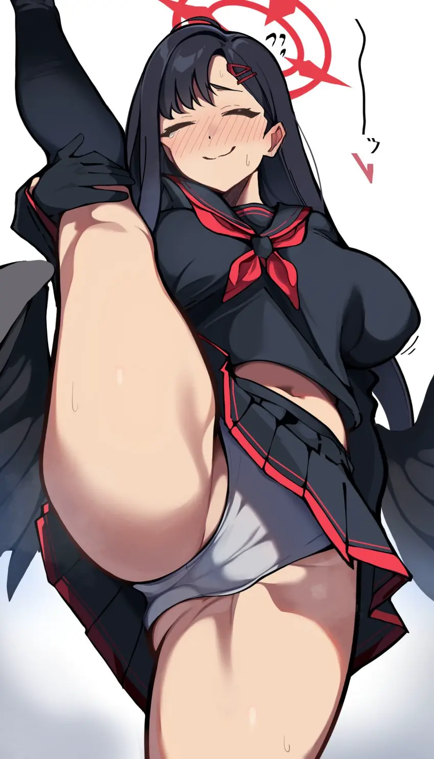 Image blush,breasts,female,highres,large_breasts,long_hair,long_sleeves,shirt,simple_background,smile,solo,standing,white_background,black_hair,navel,sweat,blue_archive,panties,underwear,thick_thighs,thighs,embarrassed,midriff,wings,halo,school_uniform,closed_eyes,cameltoe,miniskirt,skirt,white_panties,wavy_mouth,pleated_skirt,serafuku,from_below,leg_up,steam,justice_task_force_(blue_archive),trinity_general_school_student,flexible,upskirt,holding_leg,flying_sweatdrops,kneepits,split,black_serafuku,neckerchief,red_neckerchief,sailor_collar,black_skirt,leg_lift,standing_on_one_leg,standing_split,leg_hold,ichika_(blue_archive),fake_smile,gambaru_unagi