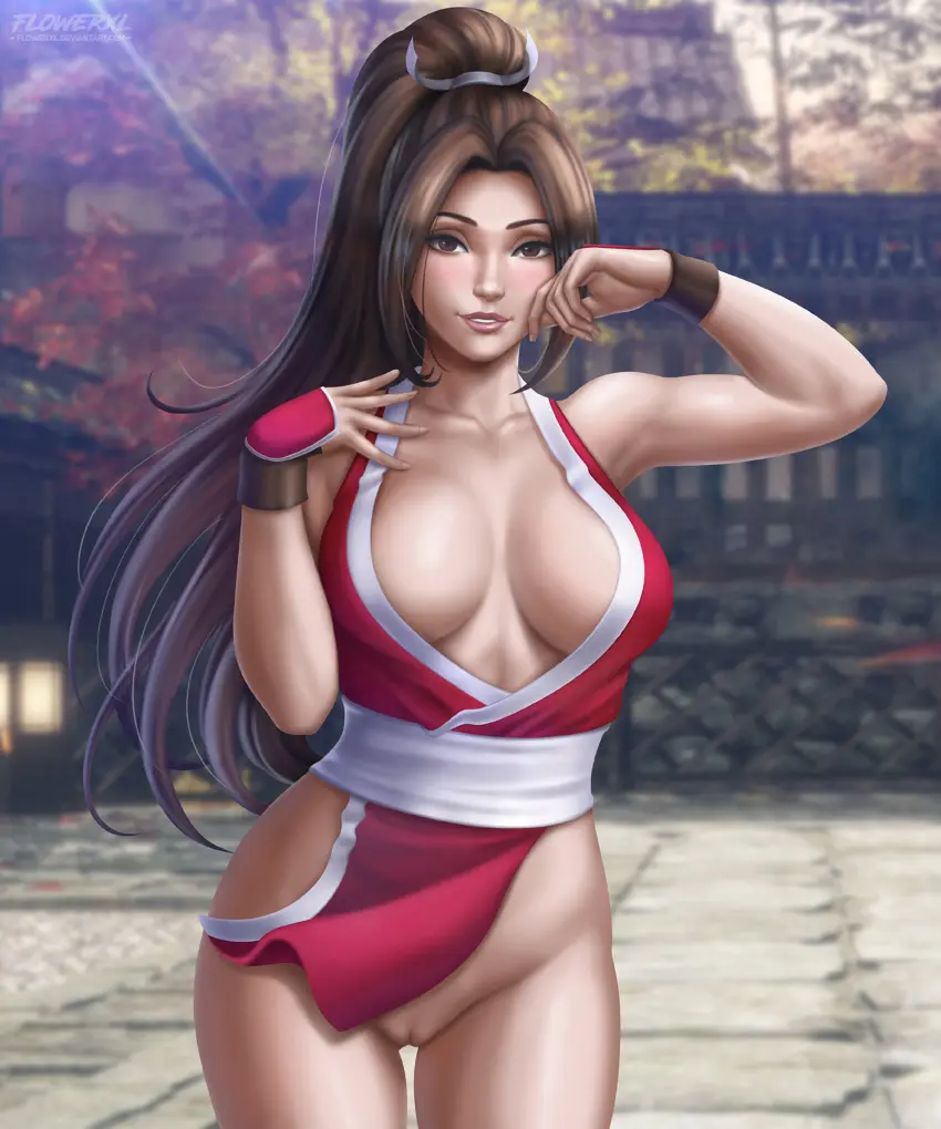 Image 1girls,breasts,brown_eyes,female,female_only,hair_ornament,long_hair,looking_at_viewer,no_bra,solo,standing,pussy,seductive_look,seductive_smile,thick_thighs,ponytail,wide_hips,watermark,armpits,cleavage,huge_breasts,thigh_gap,pale-skinned_female,pale_skin,pose,brown_hair,outdoors,no_panties,revealing_clothes,eye_contact,thong,abs,skinny_waist,url,king_of_fighters,fatal_fury,mai_shiranui,snk,video_game_character,japanese,no_bra_under_clothes,5:6,braless,deviantart,red_clothes,flowerxl,red_suit