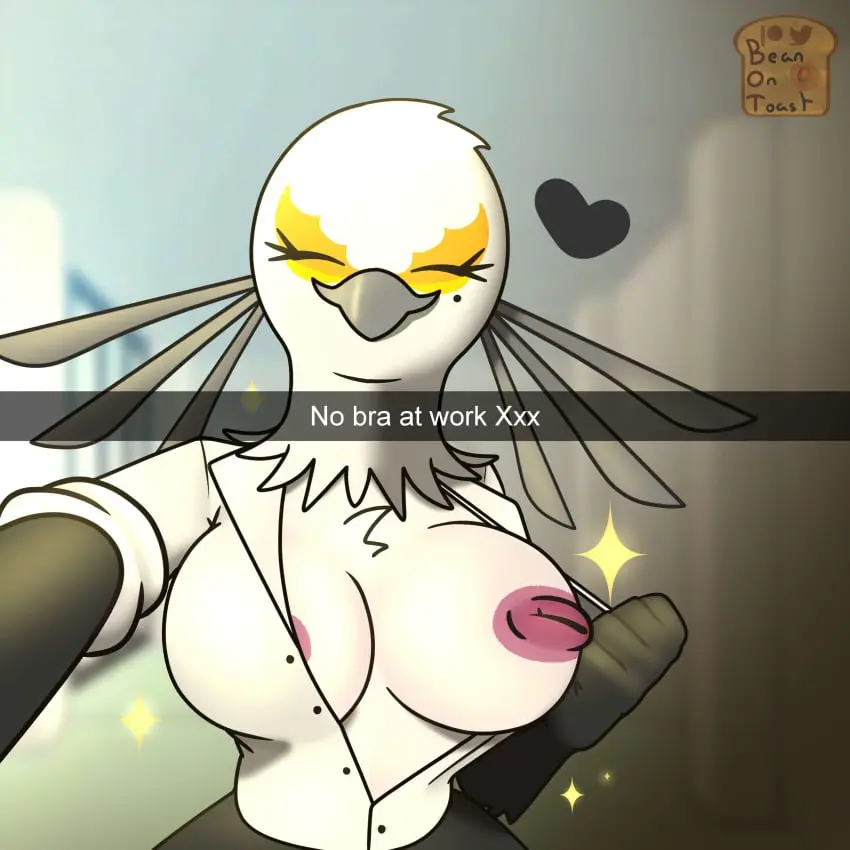 Image big_breasts,breasts,breasts_out,female,nipples,solo,furry,areola,areolae,digital_art,digital_drawing_(artwork),digital_media_(artwork),anthro,furry_female,2d,public,netflix,2d_(artwork),jpeg,2024,2d_artwork,avian,bird,bird_girl,sanrio,white_feathers,snapchat,eyes_closed,office_clothing,public_exposure,areolae_visible_through_clothing,aggressive_retsuko,aggretsuko,secretary_bird,secretary_washimi,washimi,beanontoast