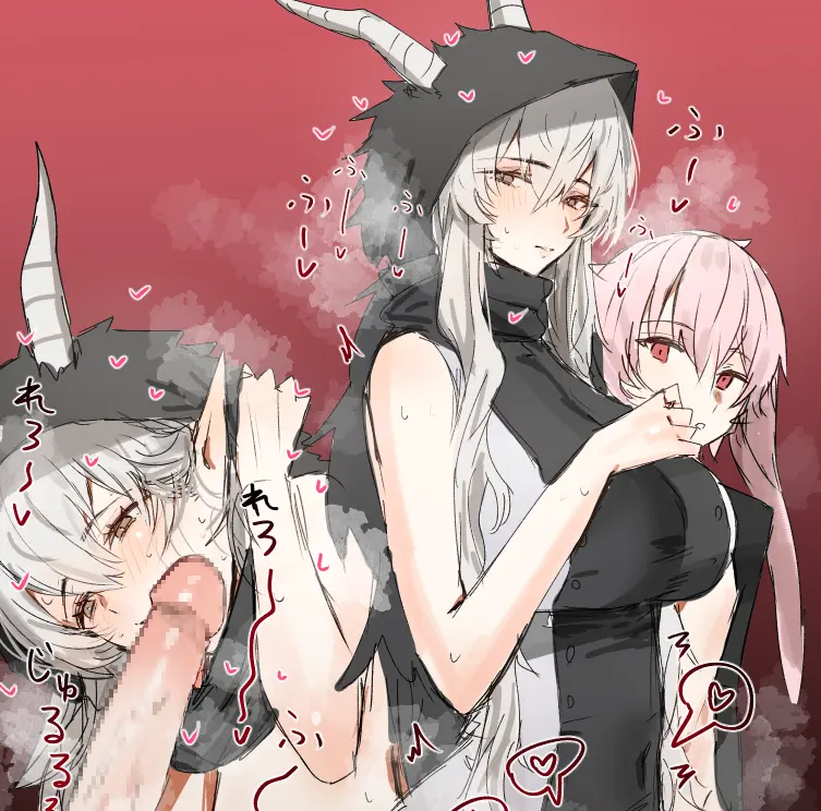 Image big_breasts,blush,breasts,brown_eyes,female,large_breasts,long_hair,looking_at_viewer,red_eyes,simple_background,1boy,male,oral,penis,straight,sweat,erection,fellatio,arknights,horns,femboy,huge_breasts,pink_hair,dress,pointy_ears,censored,mosaic_censoring,demon_horns,sleeveless_dress,closed_mouth,upper_body,looking_at_penis,sleeveless,steaming_body,black_dress,multiple_views,heart,covered_navel,sound_effects,hood,hood_up,breath,commentary,red_background,hand_on_own_chest,grey_dress,femboy_on_female,adapted_costume,hung_trap,two-tone_dress,horn/wood,adjusting_hair,black_hood,ansel_(arknights),shining_(arknights)