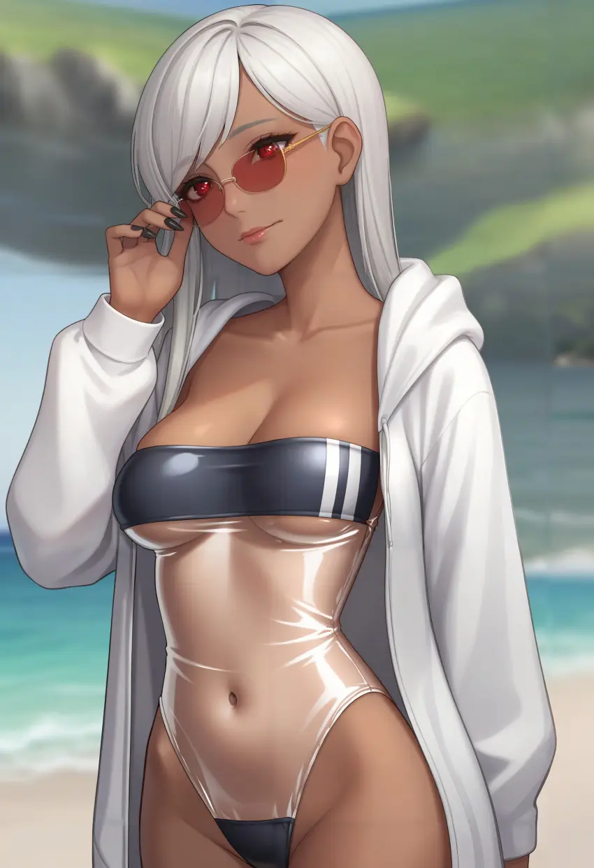 Image breasts,clothing,cowboy_shot,female,female_only,long_hair,long_sleeves,looking_at_viewer,open_clothes,smile,solo,standing,white_hair,bangs,navel,thighs,dark_skin,beach,water,ocean,ai_generated,cleavage,medium_breasts,stable_diffusion,one-piece_swimsuit,parted_lips,swimsuit,lips,nail_polish,original,original_character,dark-skinned_female,outdoors,tight_clothing,closed_mouth,revealing_clothes,see-through,jacket,straight_hair,covered_navel,high_resolution,hood,highleg,hoodie,strapless,white_hoodie,fully_clothed,black_nails,blurry,blurry_background,day,depth_of_field,sunglasses,looking_over_eyewear,tinted_eyewear,open_jacket,meme_attire,groin,clavicle,very_high_resolution,hand_up,shiny_clothes,hood_down,jenneth_blackray,highleg_swimsuit,hair_behind_ear,red-tinted_eyewear,adjusting_eyewear,strapless_swimsuit,swimsuit_under_clothes,hooded_jacket,transparent_clothes,gris_swimsuit,jenny_(jenneth_blackray),double_vertical_stripe,ruby_eyes