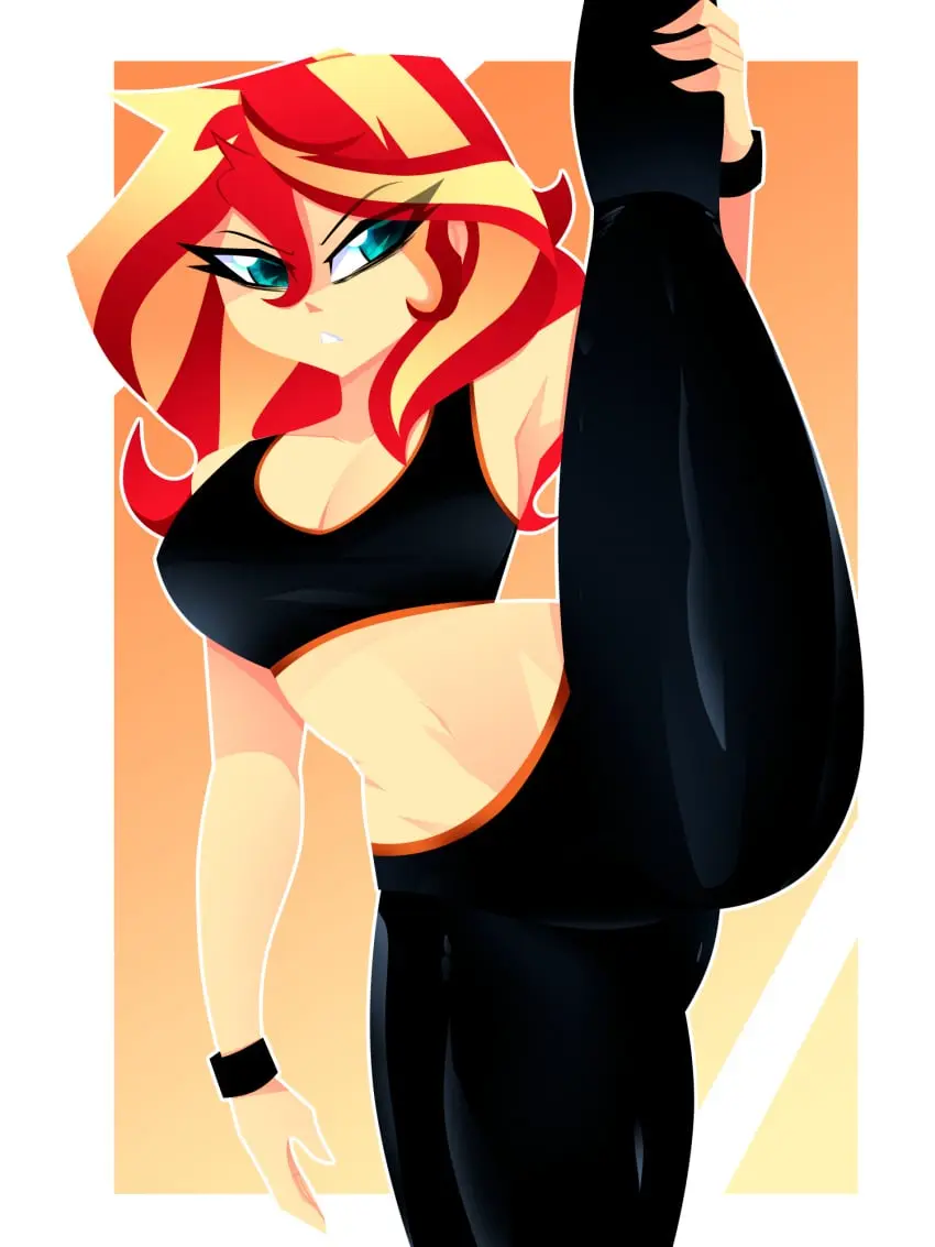 Image 1girls,breasts,female,female_only,looking_at_viewer,solo,navel,armpits,sports_bra,eyebrows,eyebrows_visible_through_hair,solo_female,aqua_eyes,equestria_girls,friendship_is_magic,hasbro,my_little_pony,annoyed,flexible,yoga_pants,stretching,yoga,vertical_splits,deviantart,workout,sunset_shimmer,deviantart_link,xan-gelx(xan)