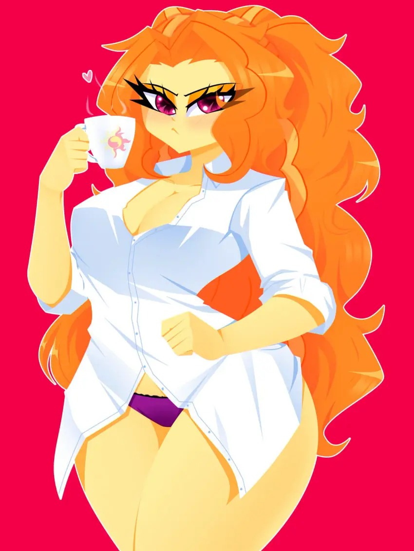 Image 1girls,big_breasts,blush,breasts,female,female_only,looking_at_viewer,partially_unbuttoned,shirt,solo,panties,thick_thighs,wide_hips,cleavage,solo_female,dress_shirt,heart,equestria_girls,friendship_is_magic,hasbro,my_little_pony,annoyed,unbuttoned,unbuttoned_shirt,purple_panties,floating_heart,coffee_mug,mug,adagio_dazzle,xan-gelx(xan)