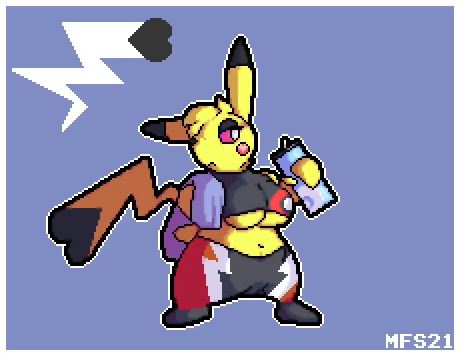 Image breasts,female,female_only,pokemon,pokemon_(species),tail,furry,midriff,underboob,anthro,yellow_fur,shortstack,pokémon_(species),pixel_art,rodent,pikachu,cosplay_pikachu,pikachu_libre,matchesyashi