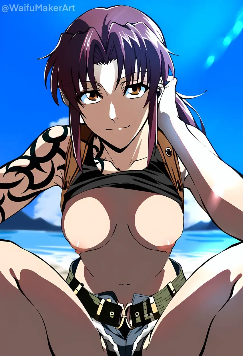 Image breasts,breasts_out,female,looking_at_viewer,nipples,ai_generated,tattoo,huge_breasts,shirt_lift,squatting,short_shorts,tits_out,black_lagoon,revy,waifumakerart