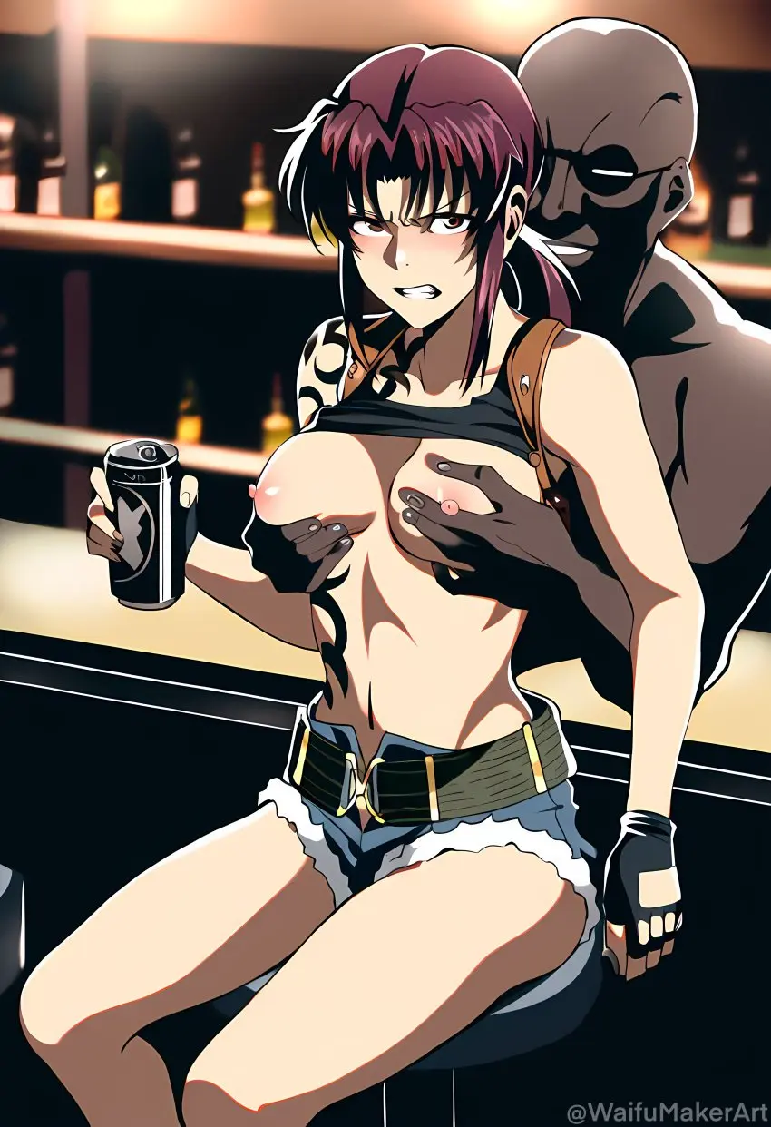 Image 1girls,blush,breasts,female,1boy,male,dark-skinned_male,interracial,embarrassed,ai_generated,huge_breasts,shirt_lift,angry,angry_face,groping,groping_breasts,short_shorts,grabbing_breasts,mad,black_lagoon,revy,groping_tits,waifumakerart