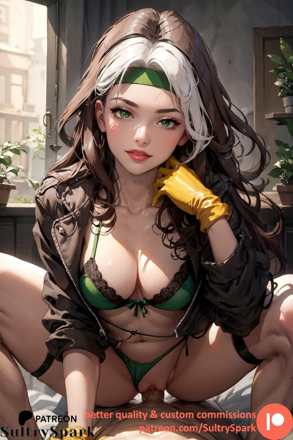 Image 1girls,female,looking_at_viewer,white_hair,1boy,gloves,male,penis,panties,sex,panties_aside,patreon,patreon_username,ai_generated,cowgirl_position,lingerie,green_eyes,riding,riding_penis,brown_hair,indoors,commission,marvel,marvel_comics,x-men,rogue_(x-men),yellow_gloves,sultryspark,green_lingerie