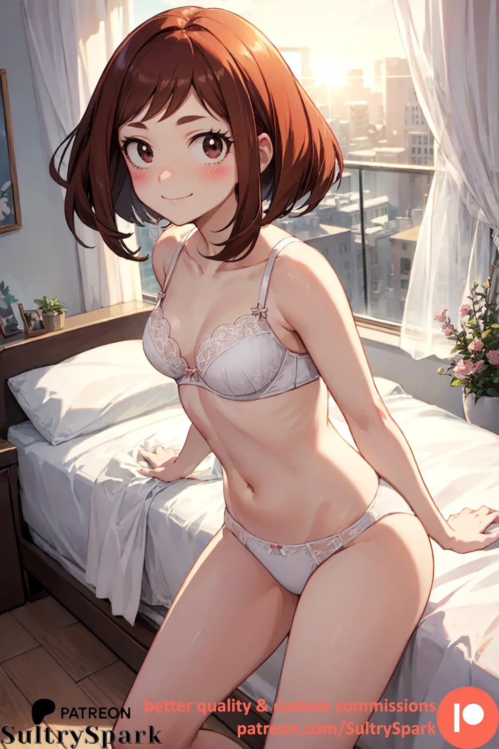 Image blush,breasts,brown_eyes,female,looking_at_viewer,smile,panties,patreon,patreon_username,smiling,ai_generated,lingerie,white_lingerie,my_hero_academia,ochako_uraraka,brown_hair,indoors,boku_no_hero_academia,bedroom,blushing_at_viewer,lingerie_only,commission,sultryspark