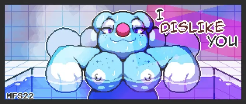 Image big_breasts,breasts,female,looking_at_viewer,nipples,solo,nude,pokemon,pokemon_(species),furry,teeth,anthro,text,nintendo,mammal,dialogue,arm_support,blue_body,marine,white_body,video_games,annoyed,pokémon_(species),pixel_art,bathing,bathtub,insulting_viewer,pinniped,seal,matchesyashi,brionne
