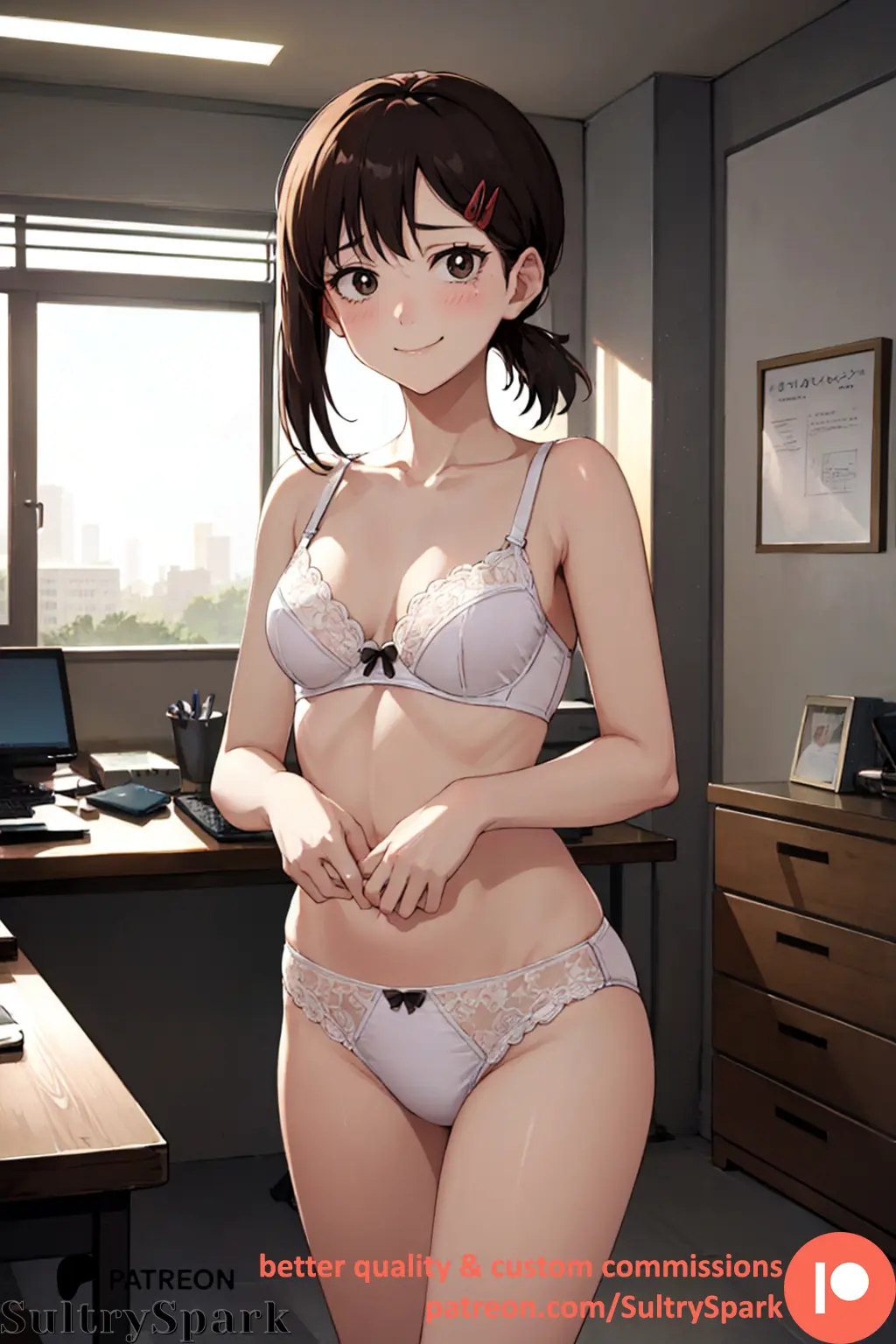 Image blush,brown_eyes,female,looking_at_viewer,smile,ponytail,patreon,patreon_username,smiling,ai_generated,artist_name,lingerie,white_lingerie,brown_hair,indoors,blushing_at_viewer,window,commission,office,chainsaw_man,higashiyama_kobeni,lace,windows,sultryspark