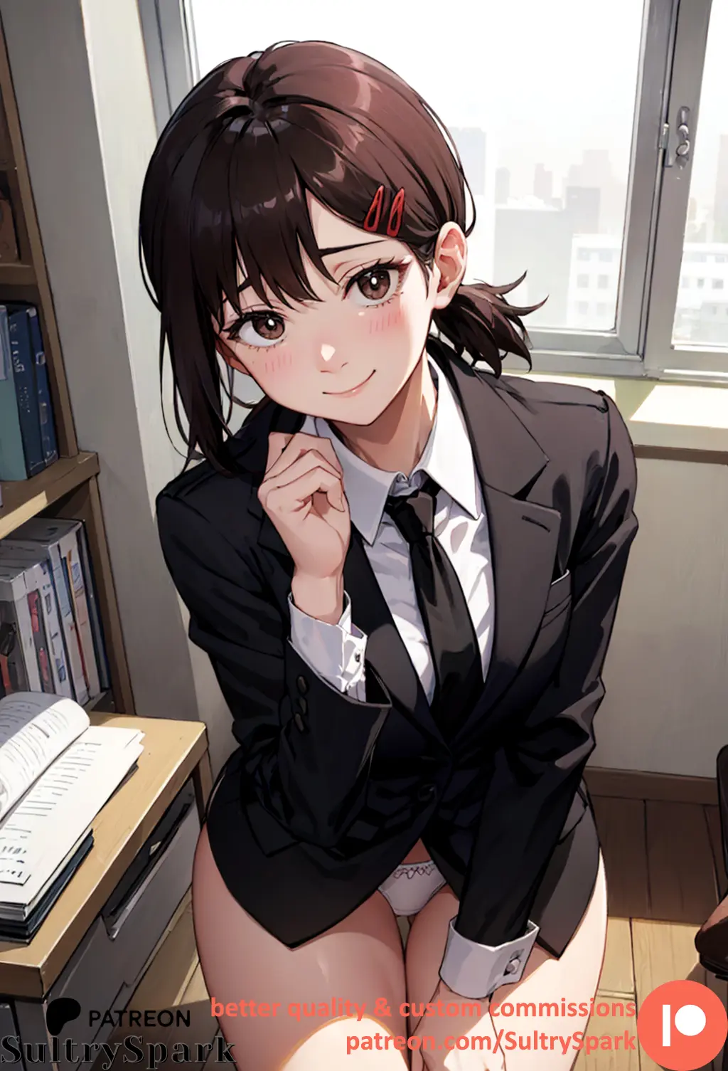 Image 1girls,blush,brown_eyes,female,looking_at_viewer,shirt,smile,solo,panties,ponytail,patreon,patreon_username,smiling,ai_generated,artist_name,lingerie,white_lingerie,brown_hair,indoors,white_panties,blushing_at_viewer,window,commission,office,tie,chainsaw_man,higashiyama_kobeni,lace,windows,sultryspark