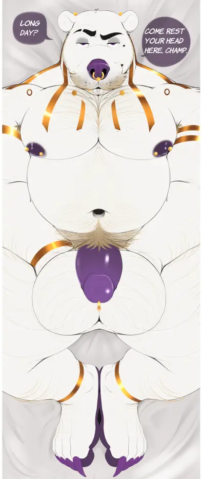 Image looking_at_viewer,nipples,solo,male,navel,penis,bedroom_eyes,seductive,muscular,feet,belly,gold_(metal),jewelry,balls,anthro,piercing,text,on_bed,bed,fur,genitals,mammal,narrowed_eyes,white_body,nipple_piercing,bear,toes,furniture,markings,white_fur,talking_to_viewer,pubes,dakimakura,facial_hair,4_toes,body_hair,armpit_hair,mature_male,holding_balls,moustache,genital_piercing,mature_anthro,penis_piercing,nose_piercing,gold_jewelry,facial_piercing,mole_(marking),musclegut,purple_nipples,polar_bear,ursine,purple_penis,white_text,deep_navel,coach,middle_aged,gold_accessory,dakimakura_pose,k0suna,dakimakura_style,purple_speech_bubble