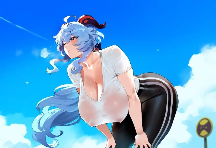 Image 1girls,breasts,female,light-skinned_female,light_skin,long_hair,solo,bangs,sidelocks,sweat,huge_ass,wide_hips,horns,sky,ai_generated,cleavage,covered_nipples,huge_breasts,massive_breasts,one_eye_closed,pale-skinned_female,cloud,busty,genshin_impact,ahoge,ganyu_(genshin_impact),outdoors,bent_over,white_shirt,see-through,hanging_breasts,nipples_visible_through_clothing,mommy,blue_sky,gym_uniform,wet_clothes,wet_shirt,novelai,pawg,panting,bending_over,yoga_pants,thiccwithaq_(ai_style),bending_forward,artstyle_imitation,henrik_n,milkers