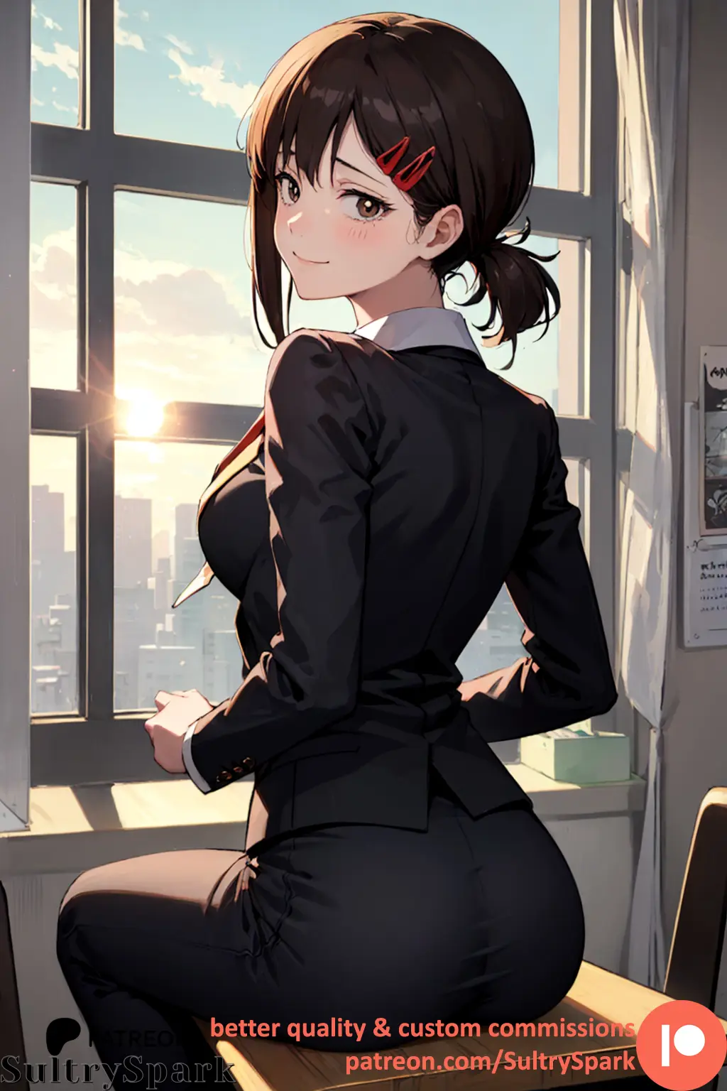 Image 1girls,blush,brown_eyes,female,looking_at_viewer,shirt,smile,solo,ass,ponytail,patreon,patreon_username,smiling,ai_generated,artist_name,from_behind,from_behind_position,sitting,brown_hair,indoors,blushing_at_viewer,ass_focus,window,commission,office,tie,chainsaw_man,higashiyama_kobeni,black_shirt,lace,windows,black_outfit,sultryspark