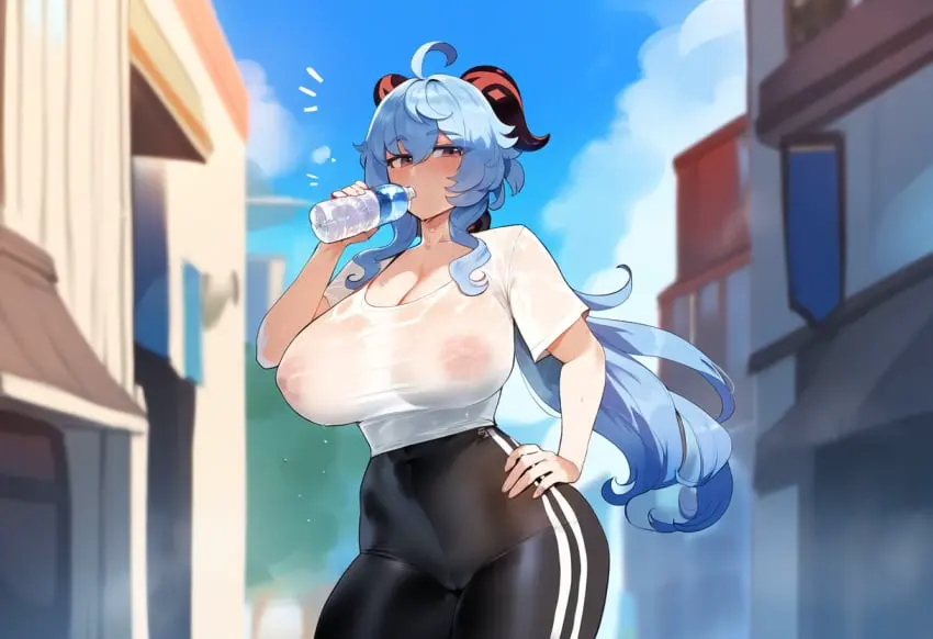 Image 1girls,breasts,female,long_hair,looking_at_viewer,solo,sweat,wide_hips,areolae,horns,ai_generated,covered_nipples,huge_breasts,massive_breasts,genshin_impact,ahoge,ganyu_(genshin_impact),hand_on_hip,cameltoe,see-through,nipples_visible_through_clothing,outside,mommy,wet_clothes,wet_shirt,novelai,drinking,skin_tight,thiccwithaq_(ai_style),artstyle_imitation,henrik_n