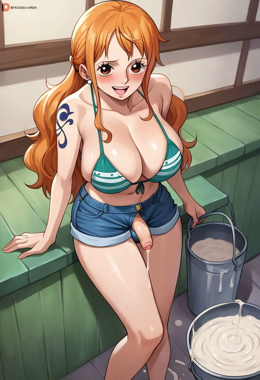 Image breasts,large_breasts,long_hair,looking_at_viewer,smile,solo,cum_drip,nude,penis,bikini,1futa,futanari,intersex,one_piece,ai_generated,nami_(one_piece),orange_hair,post-timeskip,tagme,feet_up,artist_request,futa_only,small_penis,presenting,flaccid,flaccid_penis,legs_up,shoulder_tattoo,bucket,uncensored_penis,foot_focus,cum_in_container