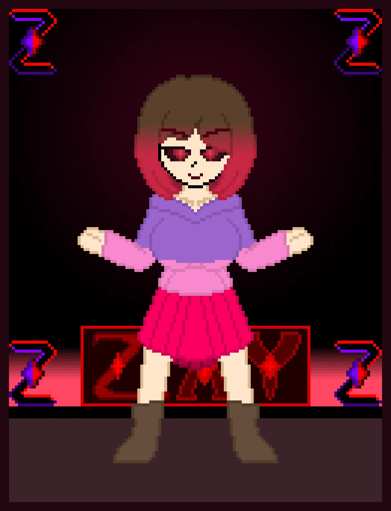 Image breasts,female,red_eyes,smile,short_hair,red_hair,smiling,brown_hair,skirt,black_eyes,hoodie,boots,pink_hoodie,pockets,purple_hoodie,bete_noire,betty_noire,glitchtale,zixy,wearing_clothes