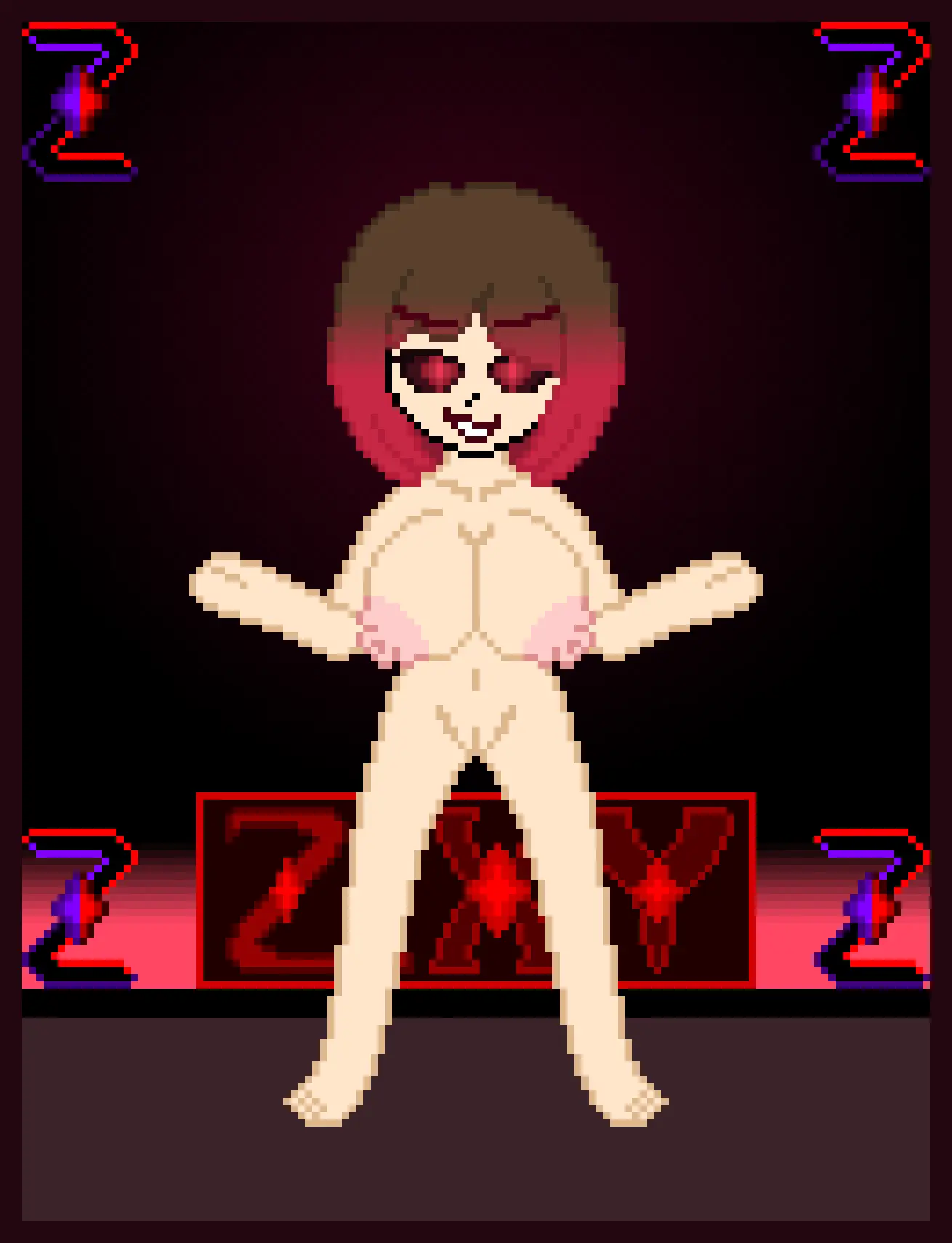 Image big_breasts,breasts,female,red_eyes,red_hair,naked,brown_hair,black_eyes,bete_noire,betty_noire,glitchtale,zixy