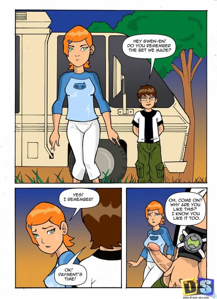 Image 1girls,female,1boy,male,penis,short_hair,erection,orange_hair,text,green_eyes,artist_request,comic,looking_at_penis,english_text,cartoon_network,panels,ben_10,ben_tennyson,gwen_tennyson,drawn-sex.com
